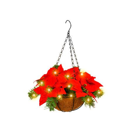 Christmas Flower Hanging Planter with Lights Faux Hanging Christmas Potted Basket with Pine Picks for Outdoors Indoor Holiday, 1 Pack