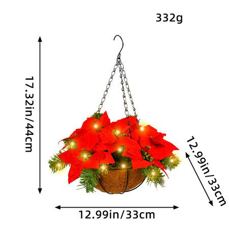 Christmas Flower Hanging Planter with Lights Faux Hanging Christmas Potted Basket with Pine Picks for Outdoors Indoor Holiday, 1 Pack