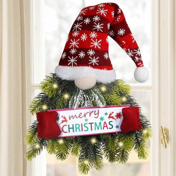 Christmas Wreath for Front Door, Lighted Gnome Christmas Door Wreath, Santa Xmas Hanging Sign for Door Window Wall Decorations