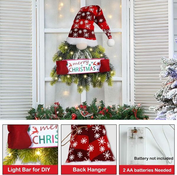 Christmas Wreath for Front Door, Lighted Gnome Christmas Door Wreath, Santa Xmas Hanging Sign for Door Window Wall Decorations