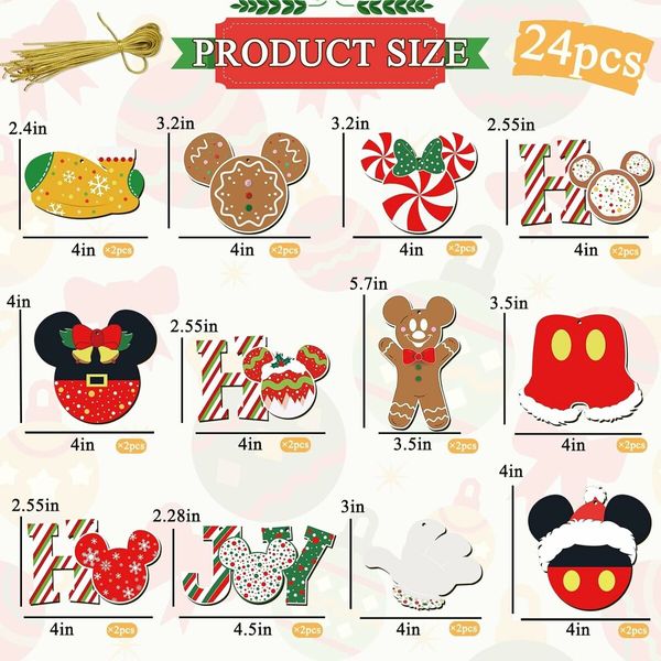 Christmas Decorations Tree Ornaments Set, 24Pcs Wooden Mouse Ornaments for Holiday Christmas Trees Hanging Party Decorations