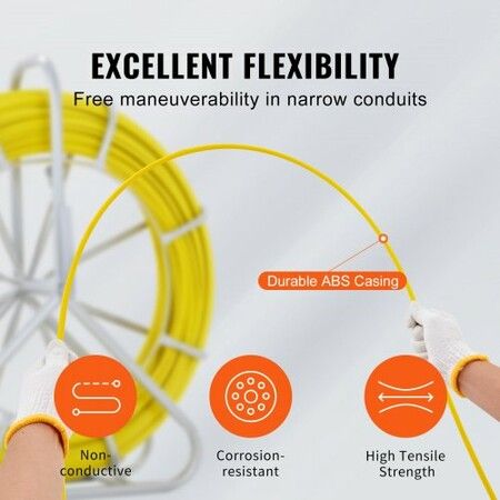 Fish Tape Fiberglass 129.5 m 6.35 mm Duct Rodder Fishtape Wire Puller Cable Running Rod with Steel Reel Stand 3 Pulling Heads Fishing Tools