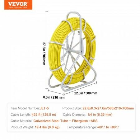 Fish Tape Fiberglass 129.5 m 6.35 mm Duct Rodder Fishtape Wire Puller Cable Running Rod with Steel Reel Stand 3 Pulling Heads Fishing Tools