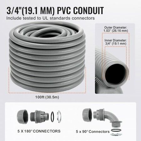 19.1 mm Flexible Electrical Conduit 30.5 m PVC Liquid-Tight Conduit Non-Metallic with 5 Straight and 5 90-Degree Conduit Connector Fittings