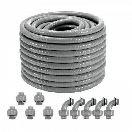 19.1 mm Flexible Electrical Conduit 30.5 m PVC Liquid-Tight Conduit Non-Metallic with 5 Straight and 5 90-Degree Conduit Connector Fittings