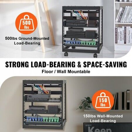 12U Open Frame Server Rack 15''-40'' Adjustable Depth Free Standing or Wall Mount Network Server Rack 4 Post AV Rack with Casters Holds All Your Networking