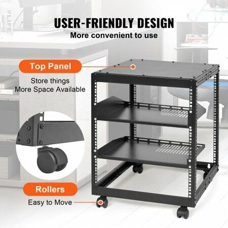 12U Open Frame Server Rack 15''-40'' Adjustable Depth Free Standing or Wall Mount Network Server Rack 4 Post AV Rack with Casters Holds All Your Networking