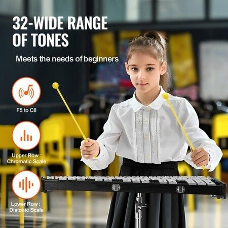 32 Note Glockenspiel Xylophone Bell Kit Professional Percussion Instrument Set with Mallets Drum Sticks Music Stand Adjustable Stand and Carrying Bag