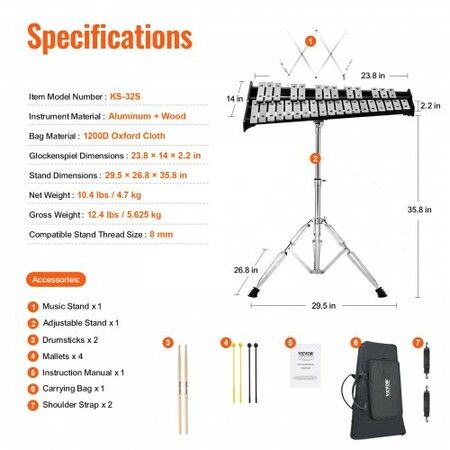 32 Note Glockenspiel Xylophone Bell Kit Professional Percussion Instrument Set with Mallets Drum Sticks Music Stand Adjustable Stand and Carrying Bag