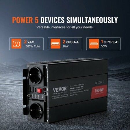 Modified Sine Wave Inverter 1500W DC 12V to AC 230V Power Inverter with 2 AC Outlets 2 USB Port 1 Type-C Port 6 Spare Fuses