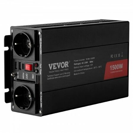 Modified Sine Wave Inverter 1500W DC 12V to AC 230V Power Inverter with 2 AC Outlets 2 USB Port 1 Type-C Port 6 Spare Fuses