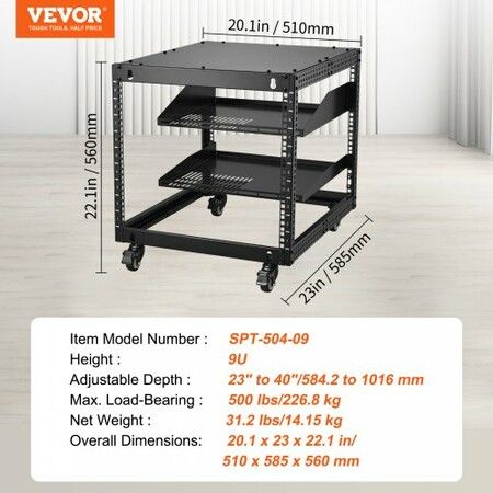 9U 4 Post Open Frame Server Network Rack 584.2 to 1016 mm Adjustable Depth