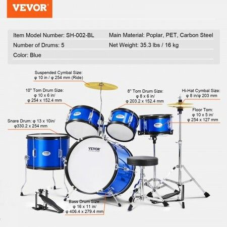 Kids Drum Set 5-Piece 406.4 mm Beginner Full Drum Set with Bass Toms Snare Floor Drum Adjustable Throne Cymbal Hi-Hat Pedal and Two Pairs of Drumsticks