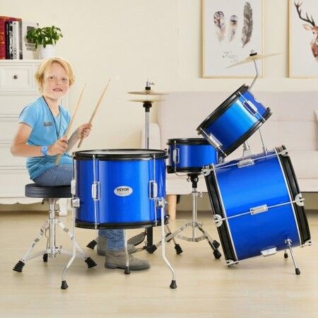 Kids Drum Set 5-Piece 406.4 mm Beginner Full Drum Set with Bass Toms Snare Floor Drum Adjustable Throne Cymbal Hi-Hat Pedal and Two Pairs of Drumsticks