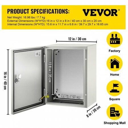 Steel Electrical Box 16''x12''x8'' Electrical Enclosure Box Carbon Steel Hinged Junction Box IP65 Weatherproof Metal Box Wall-Mounted Enclosure