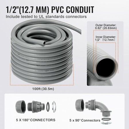 12.7 mm Flexible Electrical Conduit 30.5 m PVC Liquid-Tight Conduit Non-Metallic with 5 Straight and 5 90-Degree Conduit Connector Fittings