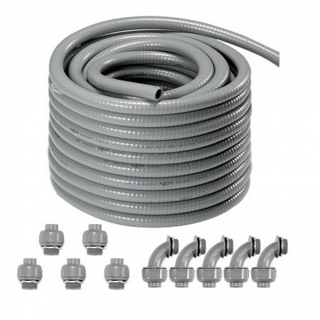 12.7 mm Flexible Electrical Conduit 30.5 m PVC Liquid-Tight Conduit Non-Metallic with 5 Straight and 5 90-Degree Conduit Connector Fittings