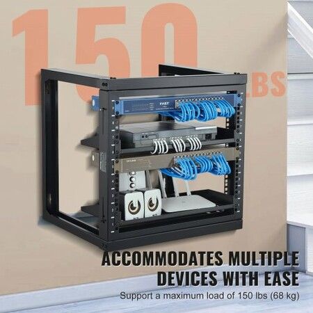 9U Wall Mount Rack 150 lbs/68.04 kg Open Frame Server Network Rack Black