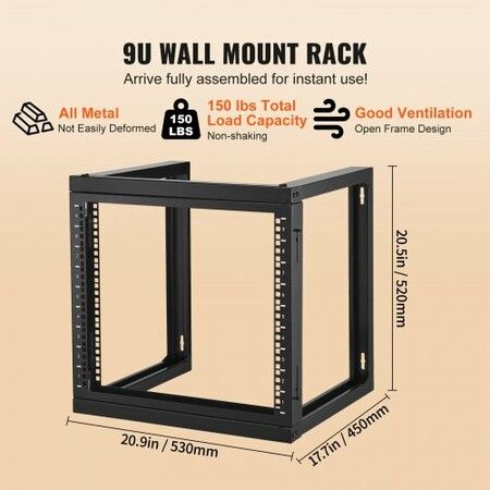 9U Wall Mount Rack 150 lbs/68.04 kg Open Frame Server Network Rack Black