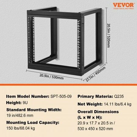 9U Wall Mount Rack 150 lbs/68.04 kg Open Frame Server Network Rack Black