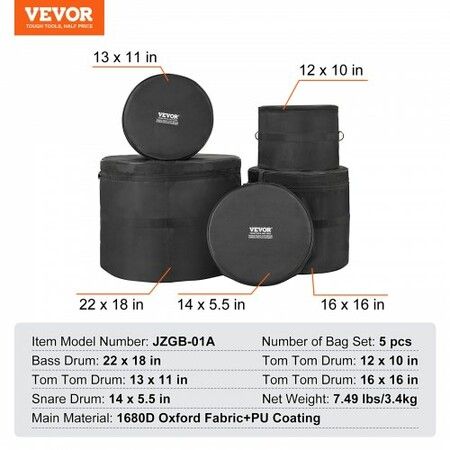 5-Piece Drum Bag Set 1680D Oxford Fabric Padded Drum Bags and Cases with 4.92 ft Detachable Shoulder Strap Carry Handles Foldable Design