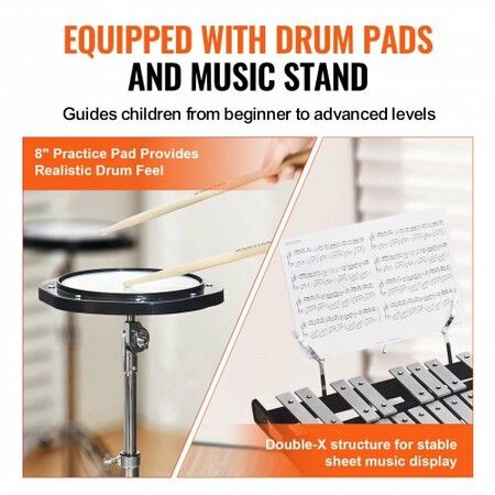 30 Note Glockenspiel Xylophone Bell Kit Professional Percussion Instrument Set with Mallets Drum Sticks Music Stand 8" Practice Pad Adjustable Stand