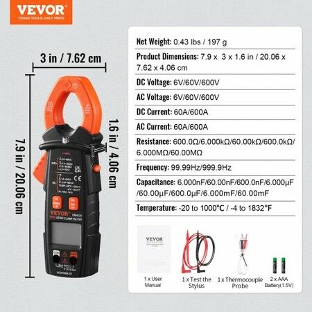 Digital Clamp Meter T-RMS 6000 Counts 600A Clamp Multimeter Tester Measures Current Voltage Resistance Diodes Continuity Data Retention NCV