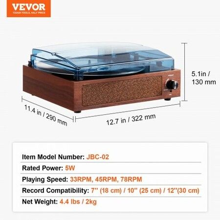 Bluetooth Vinyl Record Player 3-Speed Belt Driven Turntable 5W Speakers