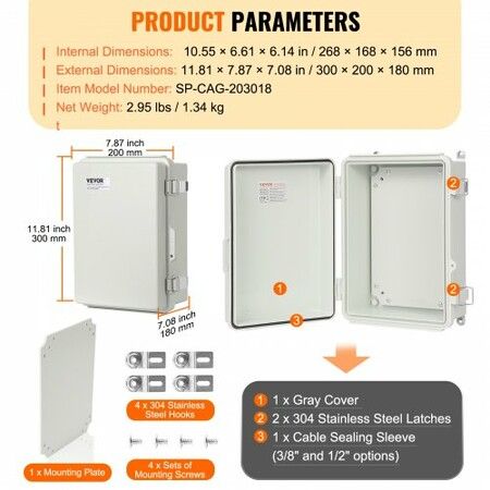 Outdoor Electrical Junction Box 300 x 200 x 180 mm ABS Plastic Electrical Enclosure Box with Hinged Cover Stainless Steel Latch IP67 Dustproof Waterproof