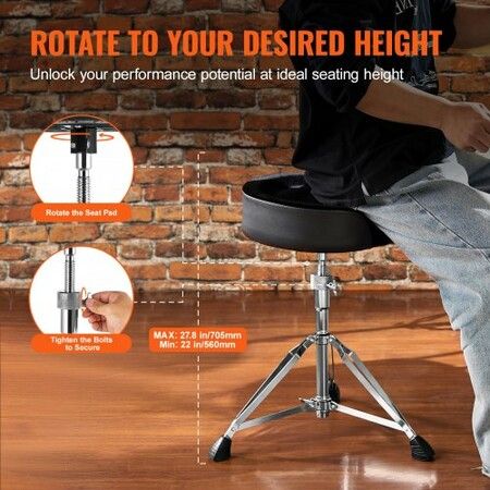 Saddle Drum Throne 560-705 mm Height Adjustable Padded Drum Stool Seat with Anti-Slip Feet Drumsticks 227 kg Max Weight Capacity 360 degree