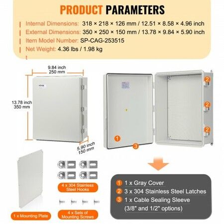 Outdoor Electrical Junction Box 350 x 250 x 150 mm ABS Plastic Electrical Enclosure Box with Hinged Cover Stainless Steel Latch IP67 Dustproof Waterproof