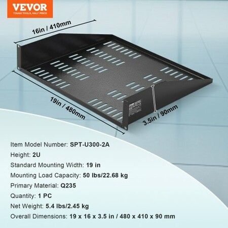 2U Server Rack Shelf 16"/406 mm Depth Vented Rack Mount Shelf with Tray