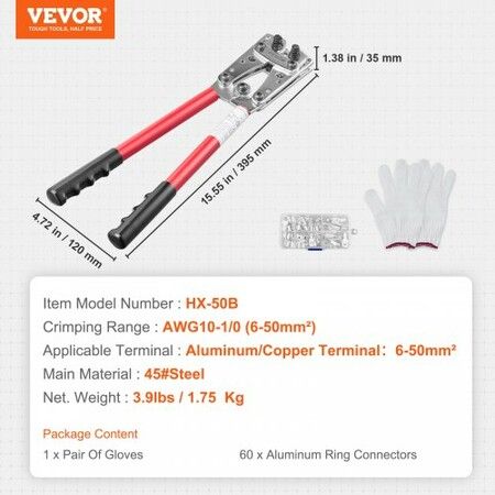 Battery Cable Lug Crimping Tool 10-1/0AWG Aluminum Terminal Battery Lug Crimper with 60PCS Aluminum Ring Connectors Terminals 6 Wire Sizes Crimping Die