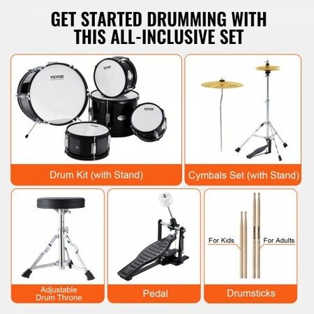 Kids Drum Set 5-Piece 406.4 mm Beginner Full Drum Set with Bass Toms Snare Floor Drum Adjustable Throne Cymbal Hi-Hat Pedal and Two Pairs of Drumsticks