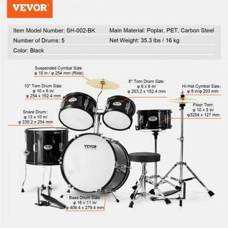 Kids Drum Set 5-Piece 406.4 mm Beginner Full Drum Set with Bass Toms Snare Floor Drum Adjustable Throne Cymbal Hi-Hat Pedal and Two Pairs of Drumsticks