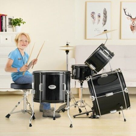 Kids Drum Set 5-Piece 406.4 mm Beginner Full Drum Set with Bass Toms Snare Floor Drum Adjustable Throne Cymbal Hi-Hat Pedal and Two Pairs of Drumsticks