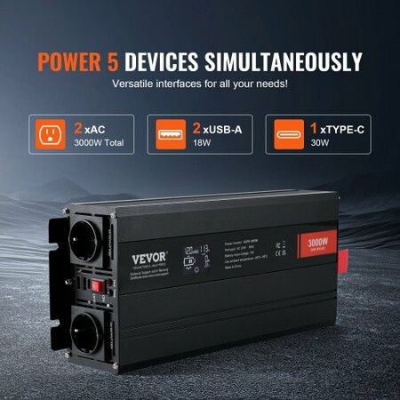 Pure Sine Wave Inverter 3000 Watt Power Inverter with 2 AC Outlets 2 USB Port 1 Type-C Port LCD Display and Remote Controller