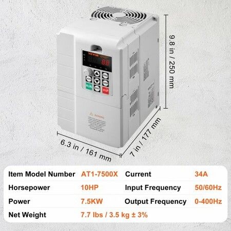 VFD 10HP 7.5KW 34A 1 Phase 220V-240V Input to 3 Phase 220V-240V Output Variable Frequency Drive 0-400Hz VFD for AC Motor Speed Control