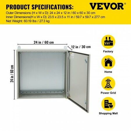 Electrical Steel Enclosure Box NEMA 4 Outdoor Enclosure 24 x 24 x 12'' UL