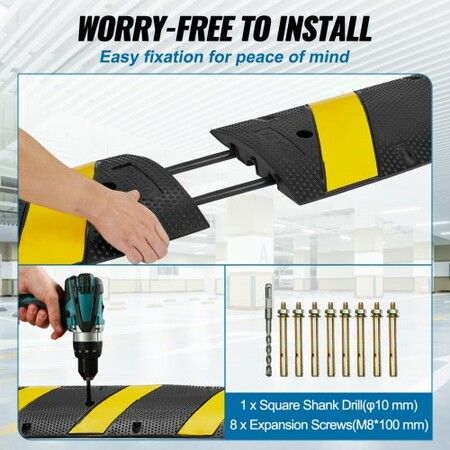 2PCs 6 ft Rubber Speed Hump 2 Channel 10000 kg/axle Capacity Heavy Duty Traffic Speed Bump with High Reflective Yellow Strip 8 Expansion Screws and 1 Drill