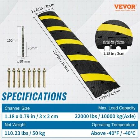 2PCs 6 ft Rubber Speed Hump 2 Channel 10000 kg/axle Capacity Heavy Duty Traffic Speed Bump with High Reflective Yellow Strip 8 Expansion Screws and 1 Drill