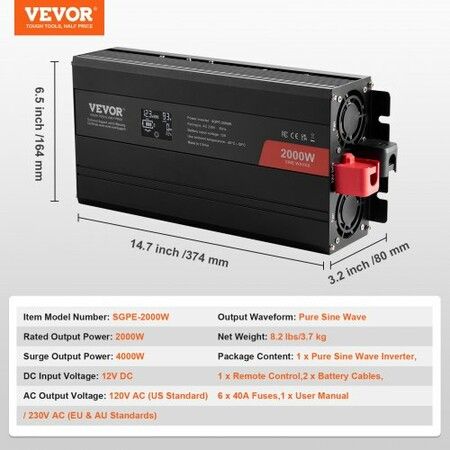 Pure Sine Wave Inverter 2000 Watt  Power Inverter with 2 AC Outlets 2 USB Port 1 Type-C Port LCD Display and Remote Controller