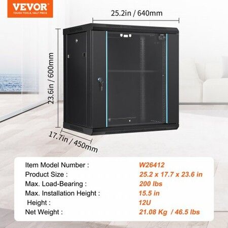 Wall Mount Network Server Cabinet 393.7mm Deep Server Rack Cabinet Enclosure 90.72 kg Max. Ground-mounted Load Capacity with Locking Glass Door Side Panels