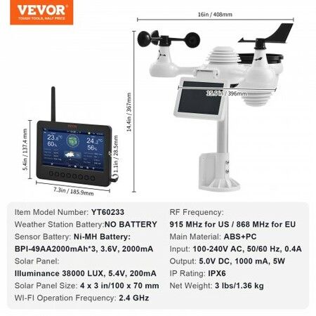 7-in-1 Wi-Fi Weather Station 177.8 mm TFT Display Wireless Outdoor Sensor