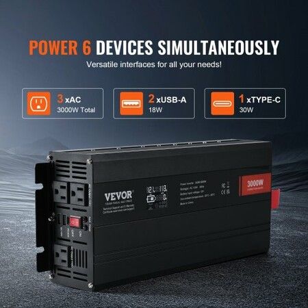 Modified Sine Wave Inverter 3000Watt DC 12V to AC 230V LCD Display Power Inverter with 3 AC Outlets 2 USB Port 1 Type-C Port 10 Spare Fuses