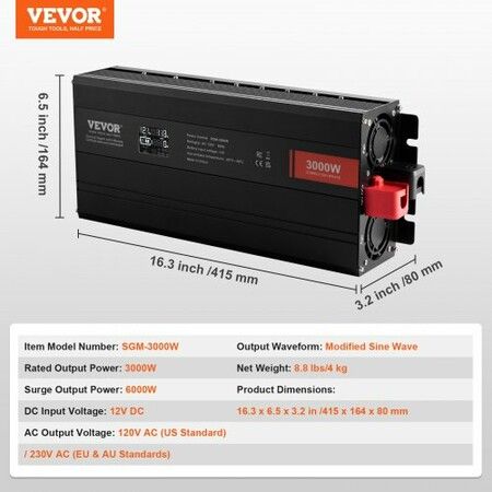 Modified Sine Wave Inverter 3000Watt DC 12V to AC 230V LCD Display Power Inverter with 3 AC Outlets 2 USB Port 1 Type-C Port 10 Spare Fuses