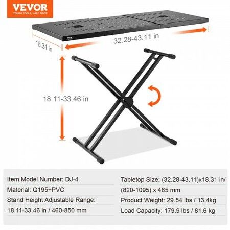 Portable DJ Table with Double-X Braced Keyboard Stand Adjustable Height  (82-109.5) x 46.5cm