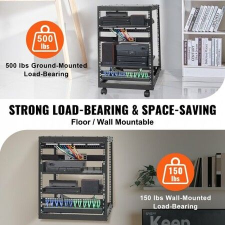 15U Open Frame Server Rack Adjustable Depth Free Standing or Wall Mount Network Server Rack 4 Post AV Rack with Casters Holds All Your Networking