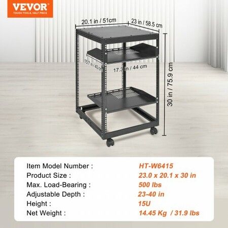 15U Open Frame Server Rack Adjustable Depth Free Standing or Wall Mount Network Server Rack 4 Post AV Rack with Casters Holds All Your Networking