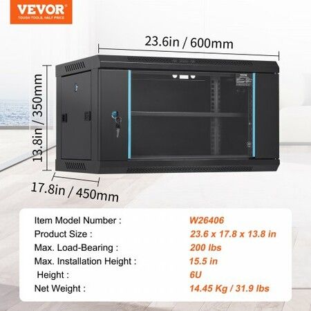 6U Wall Mount Network Server Cabinet 15.5'' Deep Server Rack Cabinet Enclosure 200 lbs Max Ground-mounted Load Capacity with Locking Glass Door Side Panels